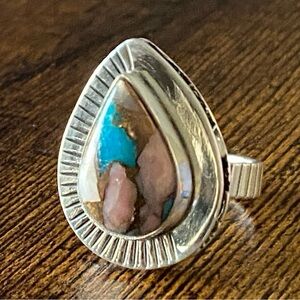 Pink Opal and Blue Kingman Turquoise set in 925 Sterling Silver (Size 8.5)